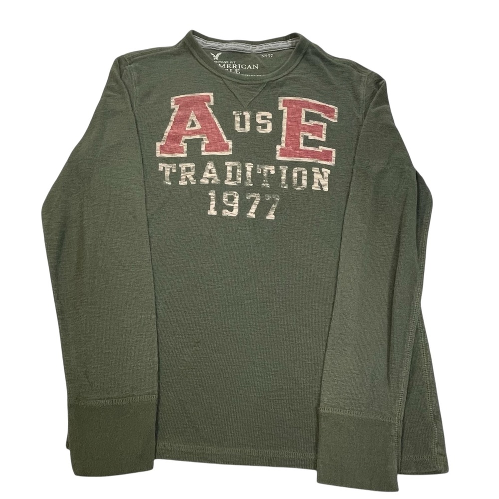 American Eagle Mens M Green Thermal Shirt Long Sleeve 1977 Graphic Waffle Knit